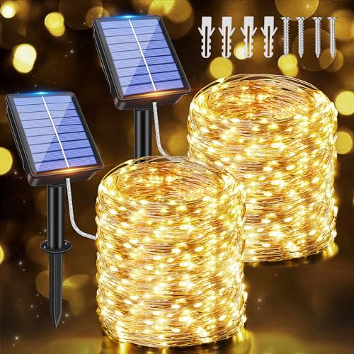 Ollny Solar Lichterkette aussen, 2x20M 200 LED lichterkette außen, 8 Modi IP65 wasserdicht Kupferdraht Lichterkette outdoor für Garten Balkon Terrasse Baum Hof Party (Warmweiß) von Ollny