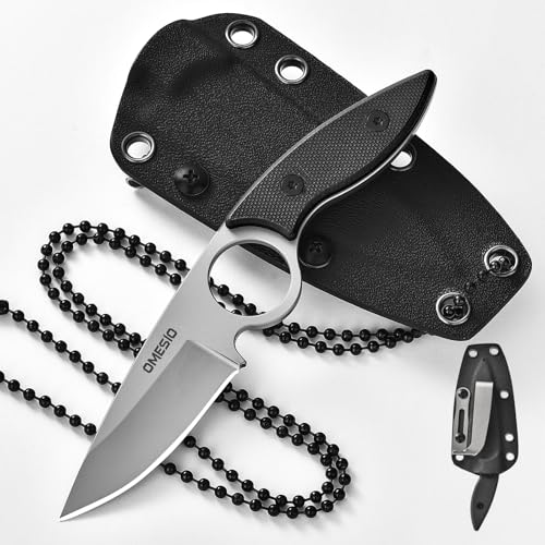 Omesio Neck Knife Drop Point Messer - inklusive Clip Kydex Scheide und Kugel Halskette zum umhängen Mini - aus starkem 5CR13MoV Stahl feststehend klein Fulltang Outdoor G10 Griff von Omesio