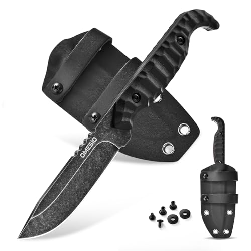 Omesio Outdoor Messer Survival M-FT01, D2 Stahl Full Tang mit Kydex Scheide Gürtelmesser, 9 cm Klingenlänge Kleines Jagdmesser, G10 Griff Schwarz Camping für Angeln Wandern Survival Geschenk von Omesio