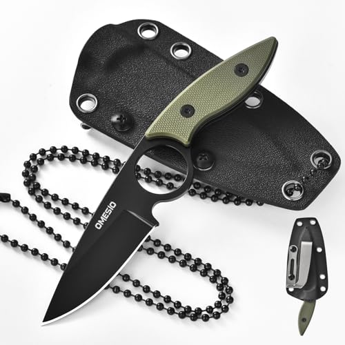 Omesio S-SY Neck Knife Drop-Point-Klinge 6cm, 5Cr13Mov Stahl Mini Hals Messer, G10 Griff Full Tang mit Kydex-Scheide Halskette und Clip Kleine feststehende Klinge, Geeignet für Camping und Wandern von Omesio