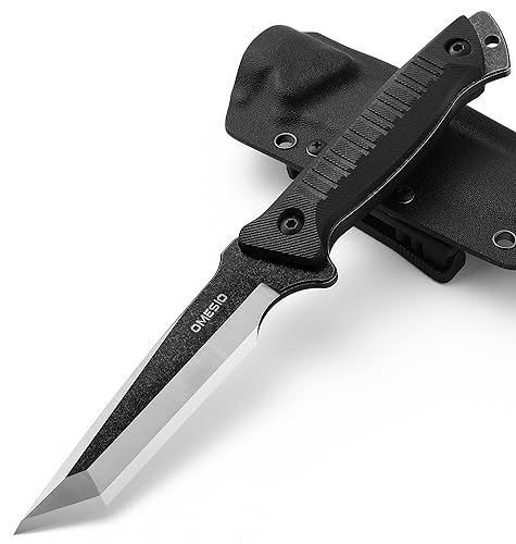 Omesio Tanto Outdoor Messer mit Scheide Kydex, Survival Messer Full Tang 420 Steel Stonewashed Feststehende Klinge Jagdmesser, Bequemer G10 Griff Schwarz von Omesio