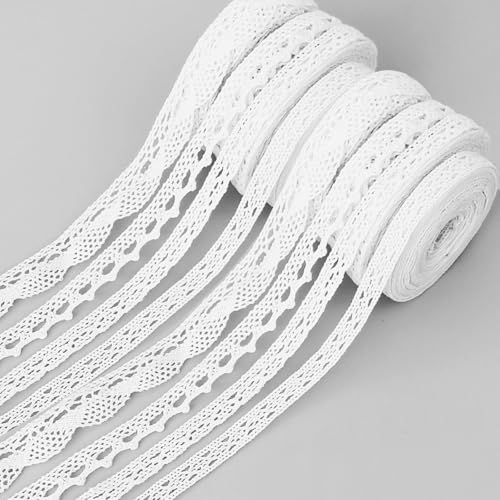 Omsscun 8 Rollen Spitzenband Weiß Vintage, 5M Spitzenborte Weiß, Baumwolle Dekoband Zierband Spitzenborte, für Hochzeit Tischdeko Basteln Geschenkband DIY Handwerk（1.2cm，1.4cm，1.5cm，2cm） von Omsscun
