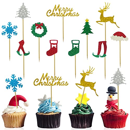 Christmas Cupcake Toppers, Christmas Cake Topper, Merry Christmas Tree Elk Socks Snowflake Cake Cupcake Picks Dekorationen für Weihnachtsfeier Verlobung Karneval Feier Dessert Decor Supply von On-Airstore