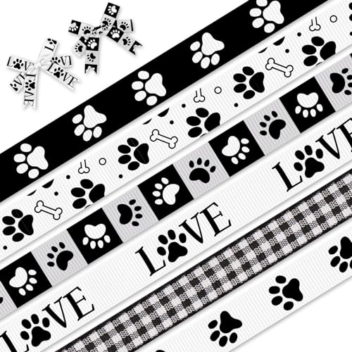 Ripsbänder mit Pfotenabdruck, 0,95 cm, schwarz-weiß, Deko-Bänder, 2,7 m, Hundepfotenabdruck, Hundeknochen, Bastelbänder für Hunde-Themenpartys, Dekoration, Urlaub, Geschenkverpackung, von On-Airstore