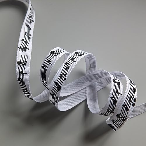 Ripsband mit Musiknoten bedruckt, 10 mm breit, Weiß, 10 m von On Trend Fabrics