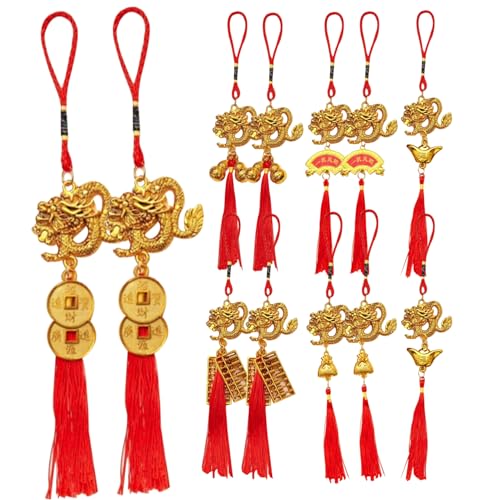 12pcs chinesische Neujahrsdekorationen 2024 Drache, glückliche Charms Lucky Anhänger Dragon Auto Anhänger mit Quasten, 6 Stile Viel Glück Chinesische Knoten Feng Shui Dekor für Vermögen Glücks E von OnIUeZky