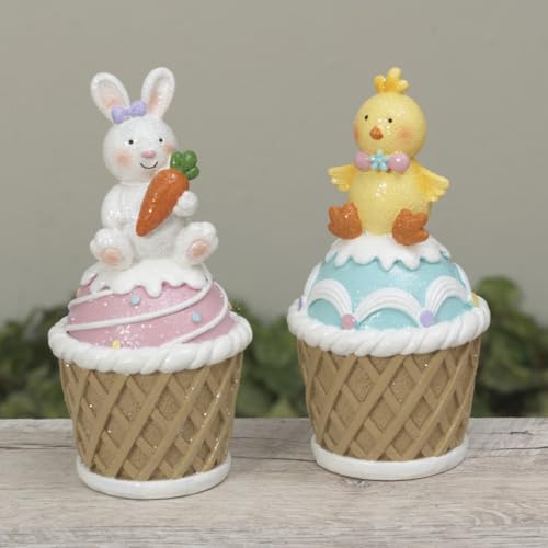 One Holiday Way Set mit 2 13,2 cm pastellrosa, blauen, gelben Osterhasen und Küken auf Cupcake-Figuren, saisonale Frühlingsparty, Tischdekoration, Heimdekoration von One Holiday Way