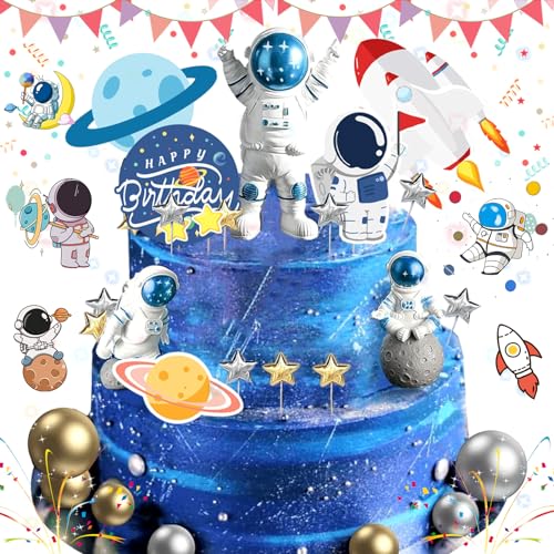 Oneroomone Astronauten Cupcake Topper, Kuchen Deko Astronaut, Tortendeko Weltraumthema, Tortenaufsatz Mit Astronauten-Rakete Und Asteroiden-Motiv Im Weltraum-Stil von Oneroomone