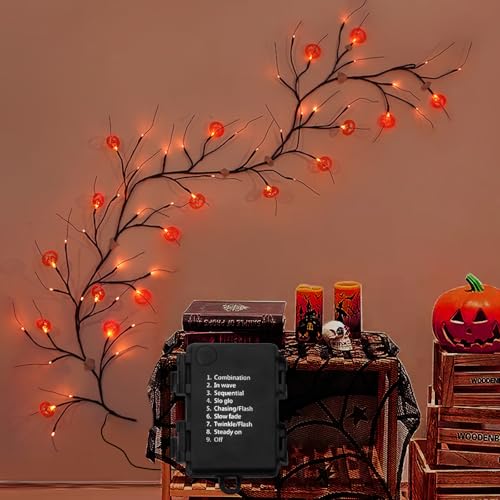 1.8M Halloween Lichterkette, Halloween Zweige Reben Deko Innen, Mit 45 LED-Lichtern und 15 Kürbiskopflaternen, 8 Modi Wasserdicht Biegbare Batteriebetrieben, Halloween Girlande Home Wohnzimmer Kamin von Oneshlee