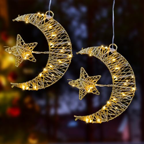 2 Stück Ramadan Deko Mondlampe, Eisen Eid Mubarak Dekoration LED Stern Mond Lamp Batteriebetrieben, Eid Mubarak Halbmond Lampe Ramadan Mubarak, Ramadan Dekoration Für Wohnzimmer Fenster(Gold) von Oneshlee