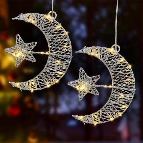 2 Stück Ramadan Deko Mondlampe, Eisen Eid Mubarak Dekoration LED Stern Mond Lamp Batteriebetrieben, Eid Mubarak Halbmond Lampe Ramadan Mubarak, Ramadan Dekoration Für Wohnzimmer Fenster(Silber) von Oneshlee