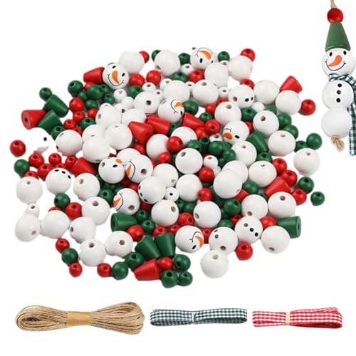 190-teiliges Weihnachts-Schneemann-Holzperlen-Set – Weihnachtsdruck, Schneemann-Perlen-Sets, Winter-Holzperlen mit Seil für Winter, Weihnachten, di-y-Bastelarbeiten, Girlanden, Party-Dekoration von Onkujlpst