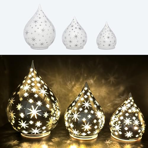 3 Deko Glastropfen mit LED Lichterkette, Sternen und Timerfunktion - Stimmungslicht (Silber) von Online Fuchs