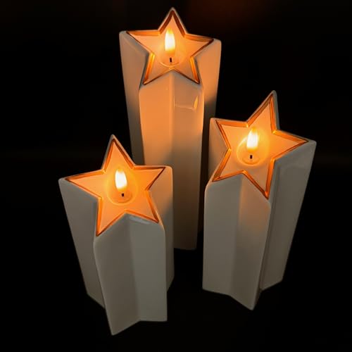 3er Set LED Kerzen aus Keramik in Sternenform inkl. 6-Stunden Timerfunktion - Realistische Flamme - Weihnachten (Roségold) von Online Fuchs