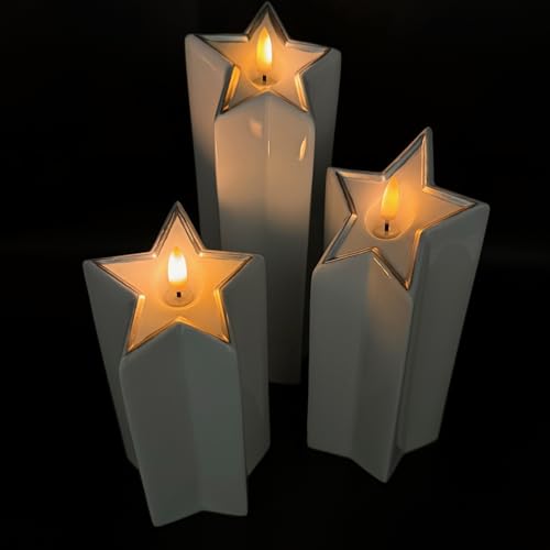 3er Set LED Kerzen aus Keramik in Sternenform inkl. 6-Stunden Timerfunktion - Realistische Flamme - Weihnachten (Silber) von Online Fuchs