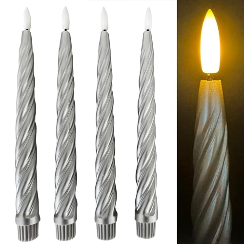 Online Fuchs 4 LED Stabkerzen im Set aus Echtwachs im Metallic TWIST Design mit Fernbedienung und Timerfunktion - 224 (Silber) von Online Fuchs