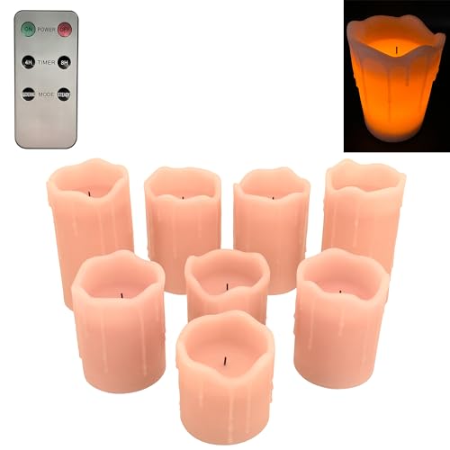 Online Fuchs 8 LED Kerzen aus Echtwachs mit Wachstropfen, Fernbedienung und 6 Stunden Timerfunktion - Stumpenkerzen Set (Rosa) von Online Fuchs