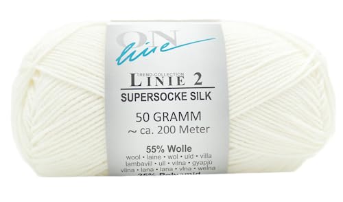 Online Garne Linie 2 Supersocke Silk | weiße Sockenwolle mit Seide und Merinowolle | Sockengarn 4fädig (4fach, 4ply) | 55% Wolle, 25% Polyamid, 20% Seide | Strumpfwolle 50g 200m (01 weiß) von ONline Garne