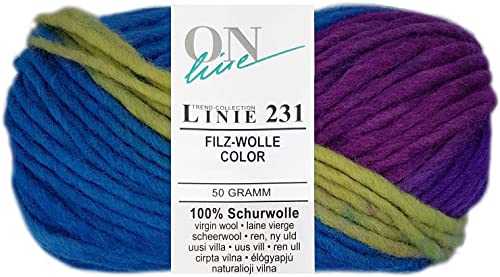 Online Garne Linie 231 Filzwolle Color, erst stricken dann einfach filzen in der Waschmaschine, 50g/50m, Nadelstärke 8mm, 100% Wolle (140) von Online Garne