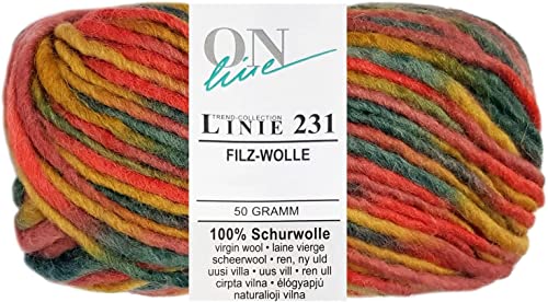 Online Garne Linie 231 Filzwolle Color, erst stricken dann einfach filzen in der Waschmaschine, 50g/50m, Nadelstärke 8mm, 100% Wolle (145) von Online Garne