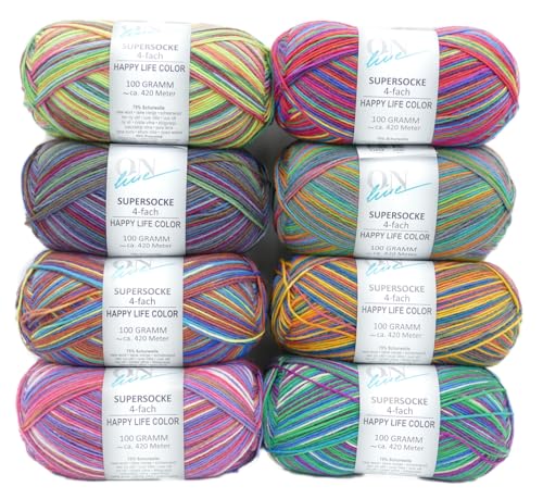 Online Garne Sockenwolle Paket, 8x100g # 369 Happy Life Color, Strumpfwolle 4-fach mit Farbverlauf, Sockengarn 4-fädig, trocknergeeignet von Online Garne