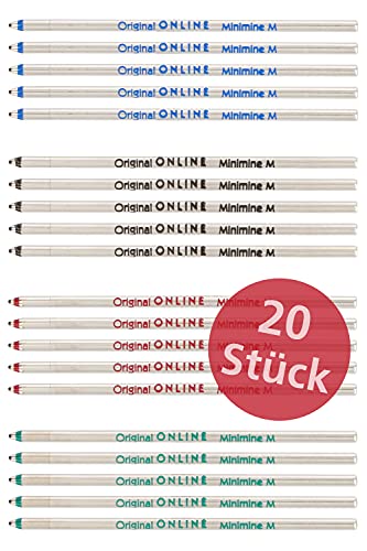 20x Kugelschreiber Ersatzminen in 4 Farben von Online, Standard D1 Minen, Strichstärke M, dokumentenecht, Set Kugelschreiberminen in vier Farben (jeweils 5x rot, blau, schwarz, grün) von Online