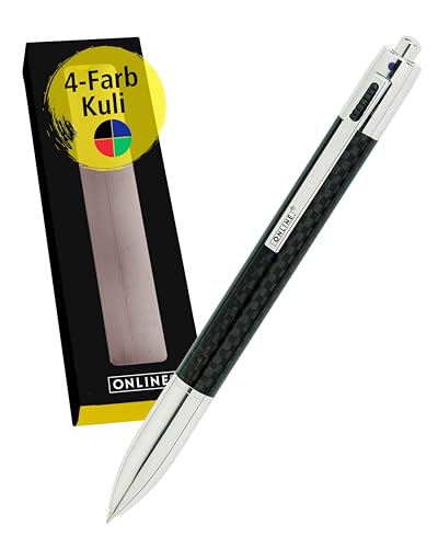 ONLINE 4-farbiger Carbon-Kugelschreiber | Multifunktionsstift | 4 mittelgroße Minen — blau, rot, grün, schwarz | nachfüllbarer Kugelschreiber | stilvoller schwarzer Carbonstift mit Geschenkbox, 1 Stück (1er Pack) von Online