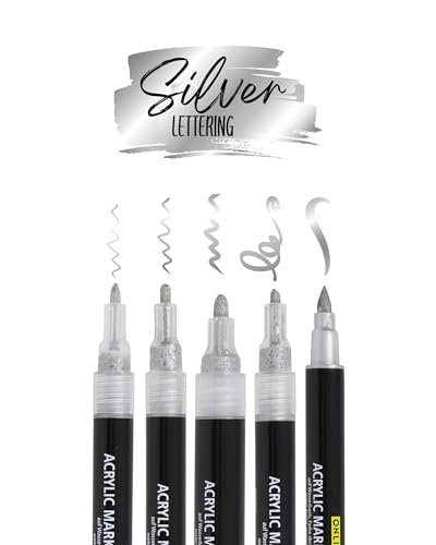 ONLINE 5er-Set Acryl Stifte Silver I Stark deckendes Handlettering Set mit Brush Pen, Fineliner, Kalligrafie Stift & Markern I metallic Acryl Marker für DIY-Projekte I Papier, Glas, Holz, Stein, Stoff von Online