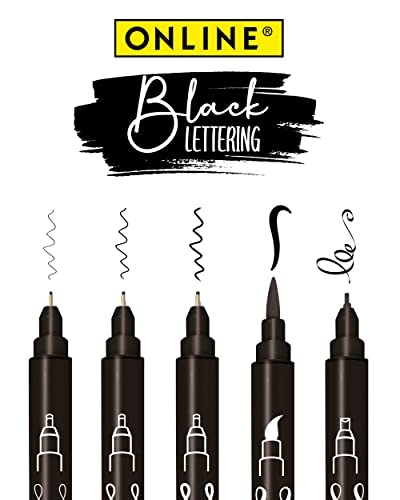 Online 5x Fineliner Schwarz wasserbeständig | mit Brush Pen, Fineliner-Spitzen und Kalligrafie-Spitze | Black Handlettering-Set | Tuschestifte für Bullet Journal, Sketchnotes & DIY Geschenke von Online