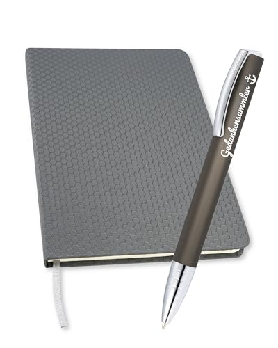 ONLINE Schreibset I edler Kugelschreiber mit Gravur Vision Stone Schreibfarbe schwarz und Bullet Journal Notizbuch Schwarz DIN A5 | antibakterielle Oberfläche | 80 g/m² FSC-Papier und Lesezeichen von Online