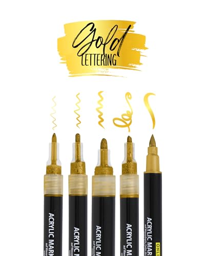 Online 5er-Set Acryl Stifte Gold I Stark deckendes Handlettering Set mit Brush Pen, Fineliner, Kalligrafie Stift & Markern I metallic Acryl Marker für DIY-Projekte I Papier, Glas, Holz, Stein, Stoff von Online