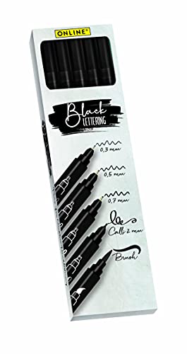 Online Black Handlettering-Set | 5 Kalligraphiestifte in Schwarz | mit Brush Pen, Fineliner-Spitze und Kalligrafie-Spitze | Tuschestifte für Bullet Journal, Sketchnotes, Schulnotizen & DIY Geschenke von Online