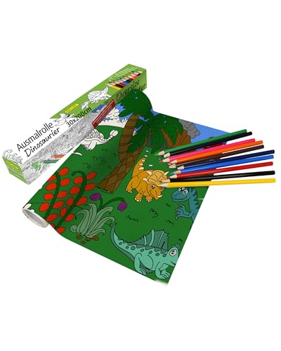 Online Buntstifte & Malrolle für Kinder zum Ausmalen I Selbstklebende 30 x 200 cm Zeichenrolle Dino-Motiv I ohne Rückstände ablösbar I ab 3 4 5 6 7 Jahren I Jungen I Mädchen I inkl. 10 Buntstifte von Online