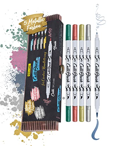Online Brush-Pen Set Calli.Brush Metallic I 5 Double-Tip Pinselstifte mit Kalligrafie-Spitze & Pinselspitze I Ungiftige Handlettering Stifte für Kalligraphie, Bullet Journals & Co. I in Bambus-Etui von Online