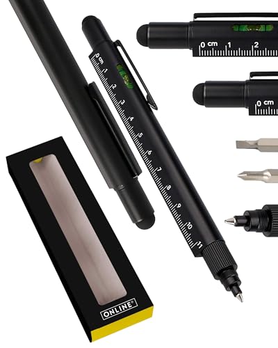 Online Männer Geschenk Stift 6-in-1 Schwarz I Multitool Stift mit verschiedenen Funktionen I Multifunktions-Kugelschreiber und Werkzeug I Geschenk für Vatertag, Hausbau, Handwerker, Papa von Online