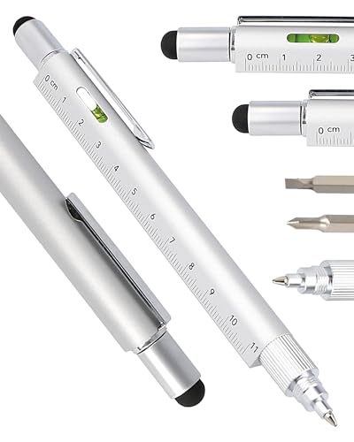 Online Männer Geschenk Stift 6-in-1 Silber I Multitool Stift mit verschiedenen Funktionen I Multifunktions-Kugelschreiber und Werkzeug I Geschenk für Vatertag, Hausbau, Handwerker, Papa von Online