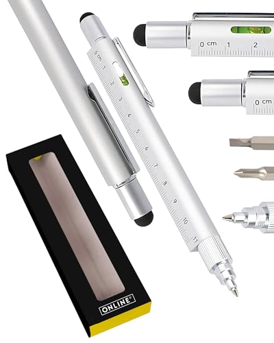 Online Männer Geschenk Stift 6-in-1 Silber I Multitool Stift mit verschiedenen Funktionen I Multifunktions-Kugelschreiber und Werkzeug I Geschenk für Weihnachten, Hausbau, Handwerker, Papa von Online