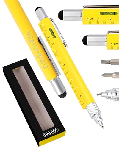 Online Männer Geschenk Stift 6-in-1 mit persönlicher Namens-Gravur Gelb I Multitool Stift personalisiert I Multifunktions-Kugelschreiber und Werkzeug I Geschenk für Weihnachten, Hausbau, Handwerker von Online