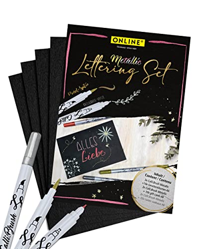 Online Metallic Lettering Set I Calli.Brush Double Tip Pens Gold, Silber, Rot I 10x Geschenk-Karten A6 schwarz I Geschenk Idee für Mädchen I Brushpens mit Pinsel- und Kalligrafie-Spitze von Online