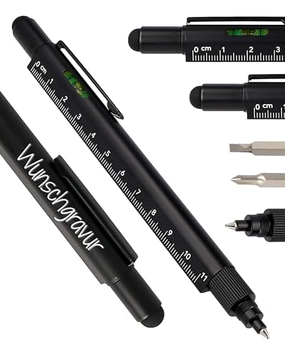 ONLINE Männer Geschenk Stift 6-in-1 mit persönlicher Namens-Gravur Schwarz I Multitool Stift personalisiert I Multifunktions-Kugelschreiber und Werkzeug I Geschenk für Weihnachten, Hausbau, Handwerker von Online