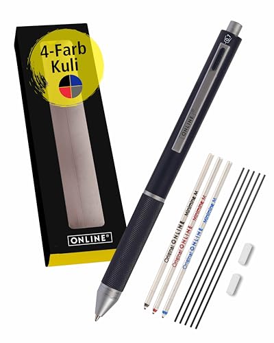 𝗢𝗡𝗟𝗜𝗡𝗘 Multipen 4-in-1 Schwarz | Kugelschreiber & Bleistift Multifunktionsstift Metall | 3x Kugelschreiber-Mine in blau,schwarz, rot, 1x Druckbleistift-Mine | inkl. Radiergummi, in Geschenkbox von Online