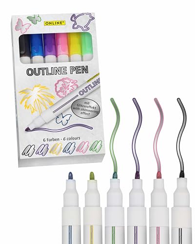 Online Outline-Pens | Glitzerstifte in Metallic-Farben | 6 Farben mit Glitzereffekt | Fasermaler für Kreative und Künstler | Optimal für Karten und Aquarellpapier von Online