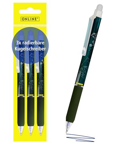 Online magiXX, 3x Radierstift Fußball I Gelschreiber blau radierbar mit 0,7mm Strichstärke I Tintenroller zum Schreibenlernen, Büro I Erasable Pen Set I Radierbarer Kugelschreiber Schüler von Online