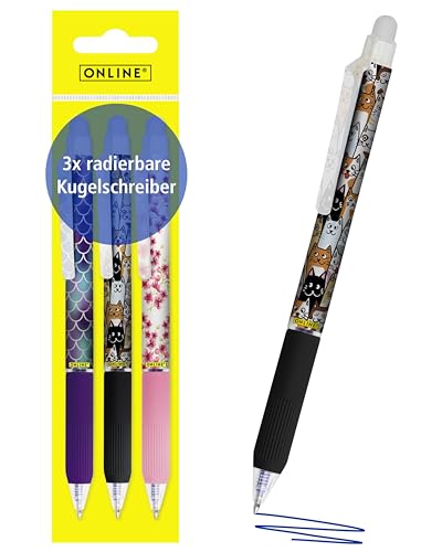 Online magiXX, 3x Radierstift Girls I Gelschreiber blau radierbar mit 0,7mm Strichstärke I Tintenroller zum Schreibenlernen, Büro I Erasable Pen Set I Radierbarer Kugelschreiber Schüler von Online