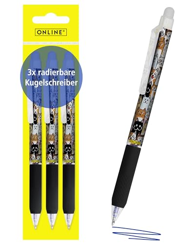 Online magiXX, 3x Radierstift Katzen I Gelschreiber blau radierbar mit 0,7mm Strichstärke I Tintenroller zum Schreibenlernen, Büro I Erasable Pen Set I Radierbarer Kugelschreiber Schüler von Online