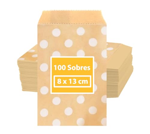 100 braune Papiertüten mit weißen Punkten, Kraftpapier für Geschenke, Beutel mit weißen Punkten, für Süßigkeiten, Kekse (weiße Monde, 8 x 13 cm (100 Stück)) von Only faith