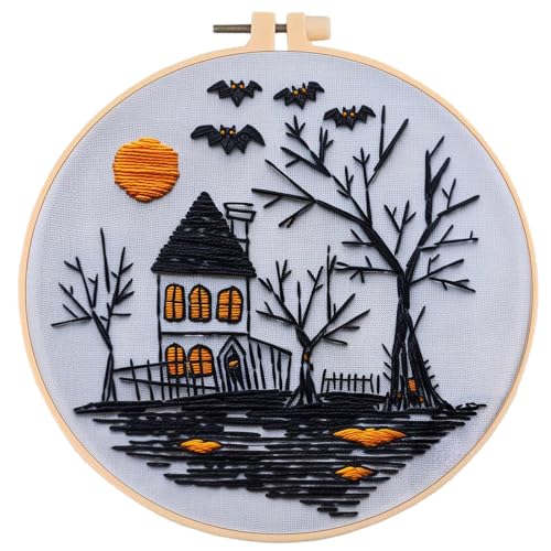 Onmargeen Halloween-Stickset, Kreuzstich-Set für Anfänger, DIY-Nadelspitzen-Set, Stickkleidung mit Kürbismustern, Reifen, Farbfäden, Nadeln (1) von Onmargeen