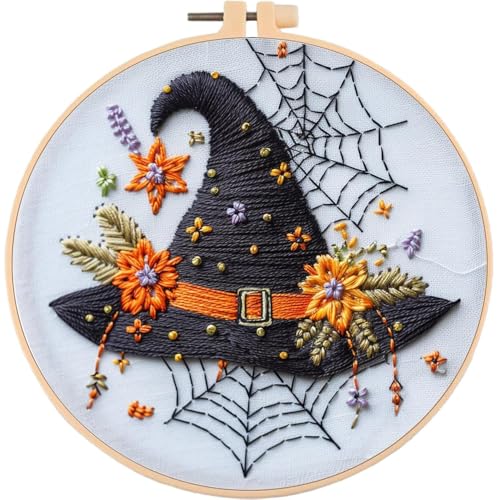 Onmargeen Halloween-Stickset, Kreuzstich-Set für Anfänger, DIY-Nadelspitzen-Set, Stickkleidung mit Kürbismustern, Reifen, Farbfäden, Nadeln (3) von Onmargeen