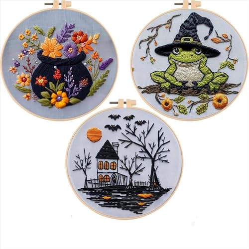 Onmargeen Halloween-Stickset, Kreuzstich-Set für Anfänger, DIY-Nadelspitzen-Set, Stickkleidung mit Kürbismustern, Reifen, Farbfäden, Nadeln (3 Stück) von Onmargeen