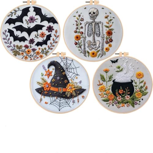 Onmargeen Halloween-Stickset, Kreuzstich-Set für Anfänger, DIY-Nadelspitzen-Set, Stickkleidung mit Kürbismustern, Reifen, Farbfäden, Nadeln (4 Stück) von Onmargeen